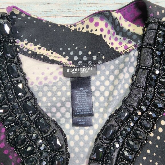 Bisou Bisou Michele Bohbot Size 10 Dress With Purple Black Beaded Neckline - Picture 7 of 9